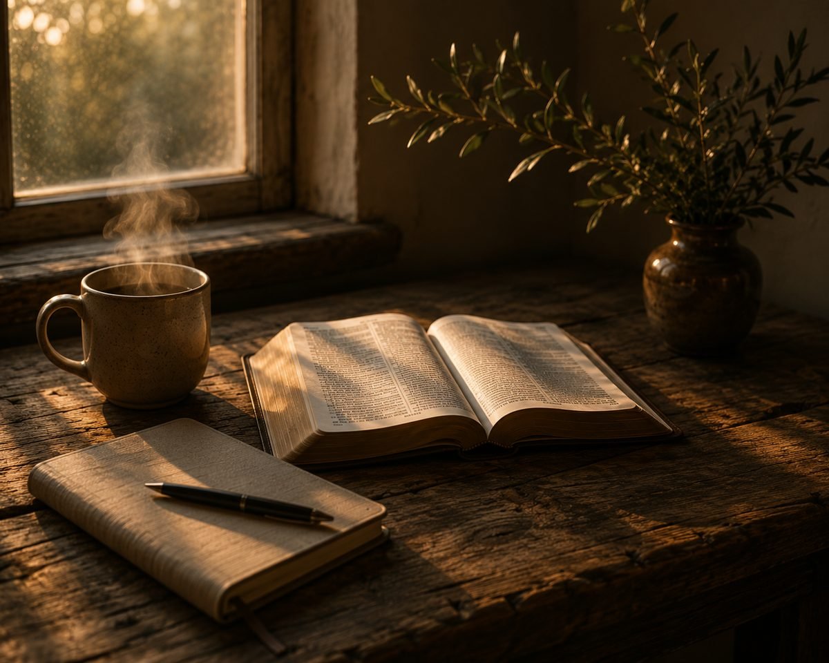 Morning light through a window onto an open Bible, coffee, and journal