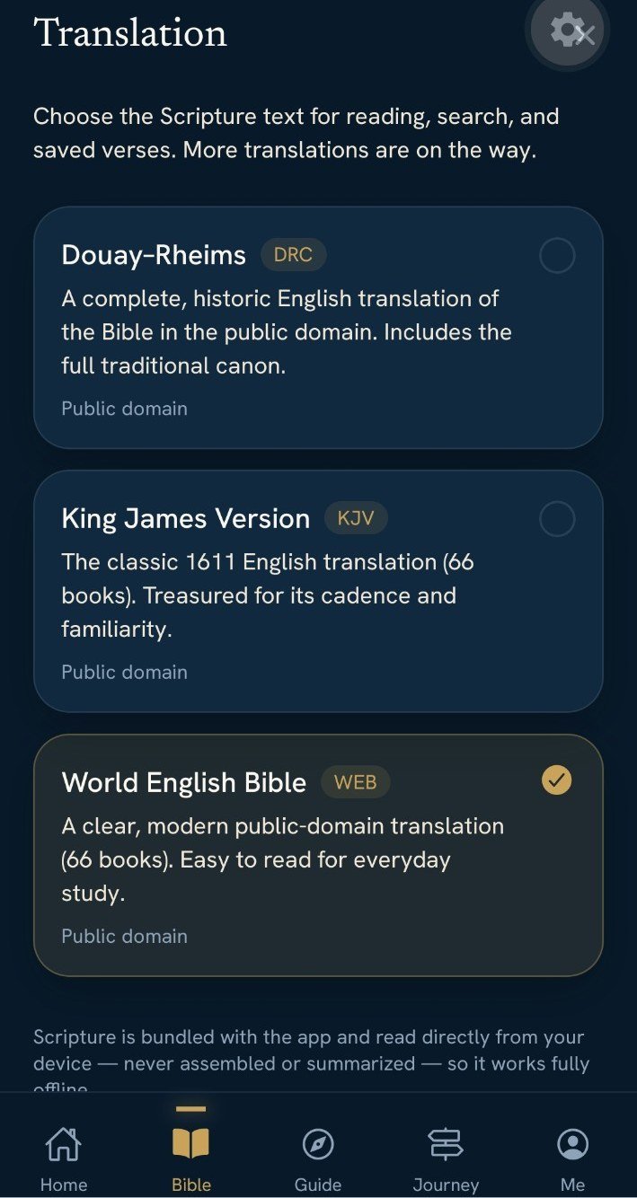 Bible translation screen — Douay–Rheims, King James Version, and World English Bible, bundled and fully offline