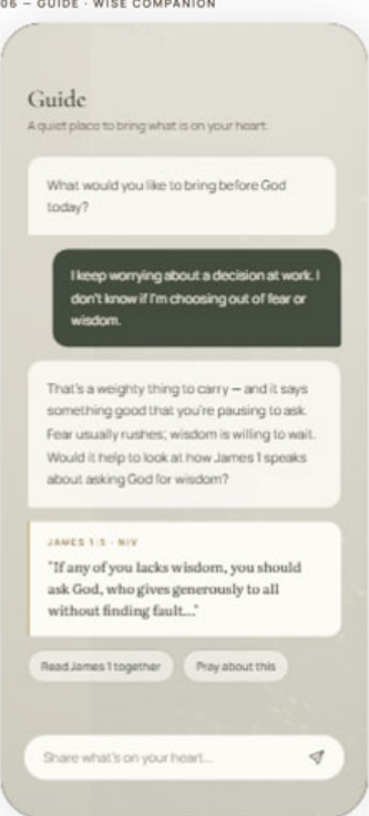 Guide conversation screen: a quiet place to bring what is on your heart, with Scripture woven into the reply.