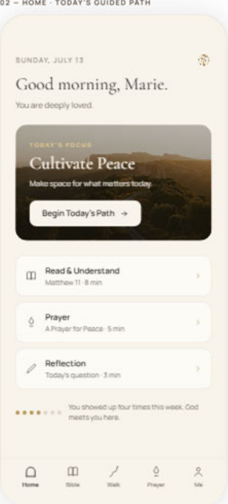 Home screen with a morning greeting, today’s focus, and a short guided path of Scripture, prayer, and reflection.