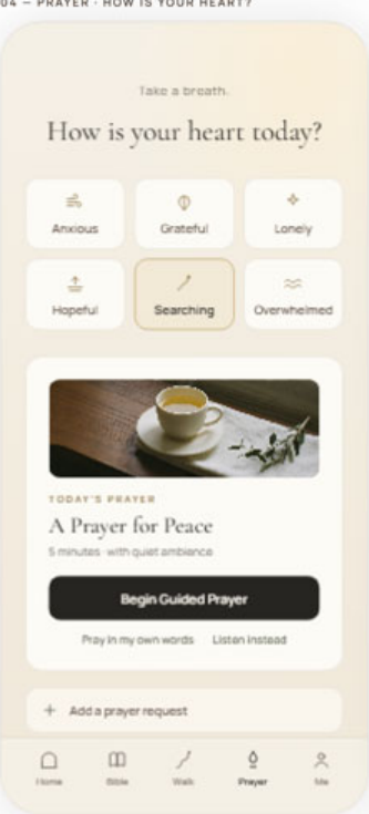Prayer screen asking "How is your heart today?" with a guided Prayer for Peace ready to begin.