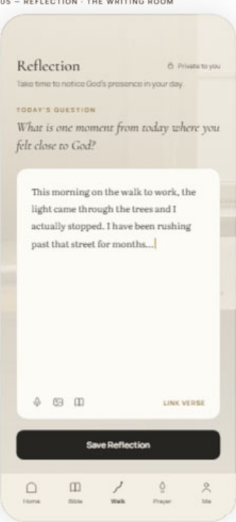 Reflection screen with the question "What is one moment from today where you felt close to God?"