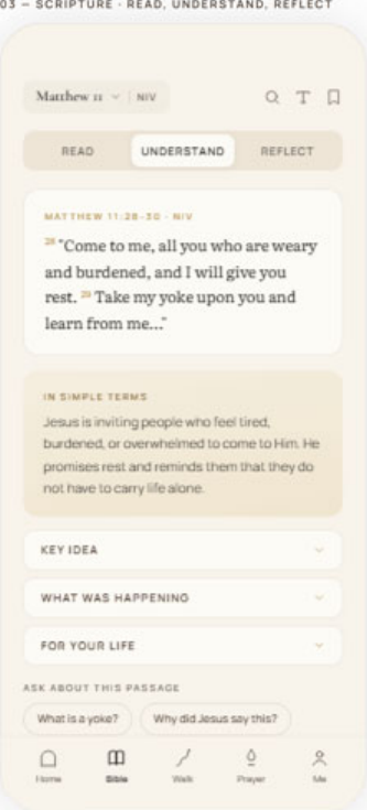 Scripture screen with Read, Understand, and Reflect tabs showing a plain-language explanation of Matthew 11.
